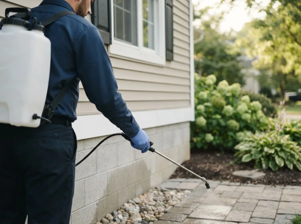 Pest control technician inspecting a home in Hopedale, MA
